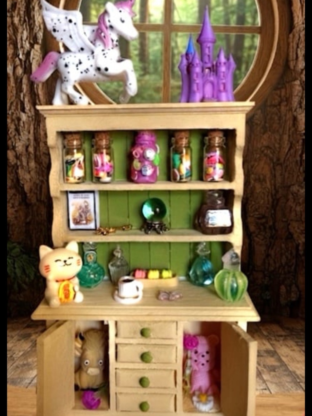 Miniature Display Hutch with Green Backing and Assorted Miniatures